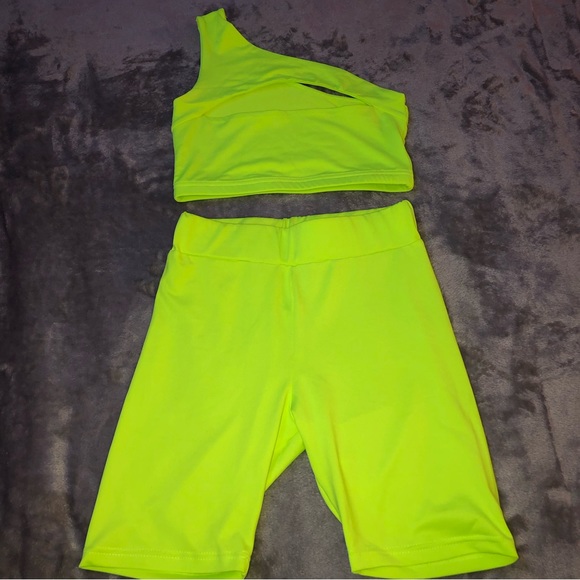 Zaful Pants - Zaful green neon stretchy biker shorts set/ one shoulder cut out cropped top